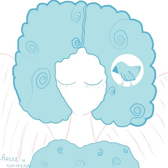 An angel with cloud-blue hair, eyes closed, a little bird beside them