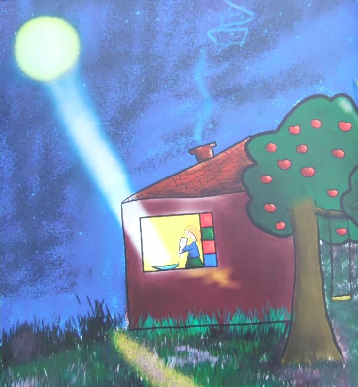 A moonbeam pours through the window of a little house