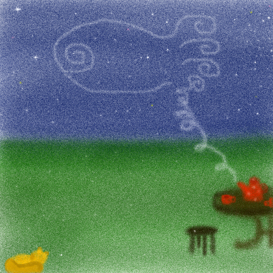 A starry night over a garden, a cat asleep in the grass, chalk-drawn clouds in the sky