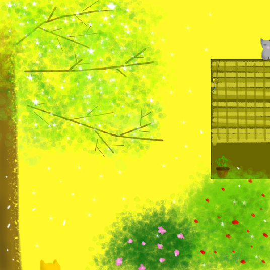 A sunny tree by a house, a grey cat sitting above the window