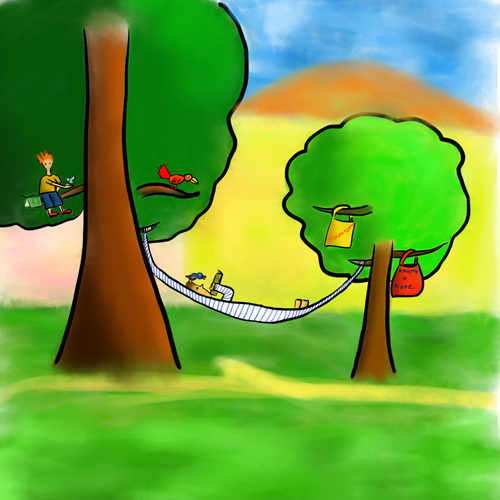 Two big trees with a hammock, a reading boy and bags of books hanging from the branches
